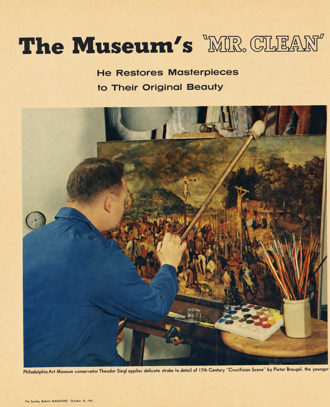 Theodor Siegl conserving a seventeenth-century painting at the Philadelphia Museum of Art