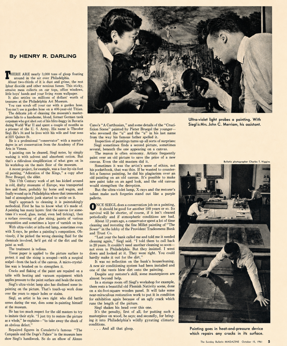 The 1961 Sunday Bulletin photo story showing Theodor Siegl and his assistant examining and treating paintings